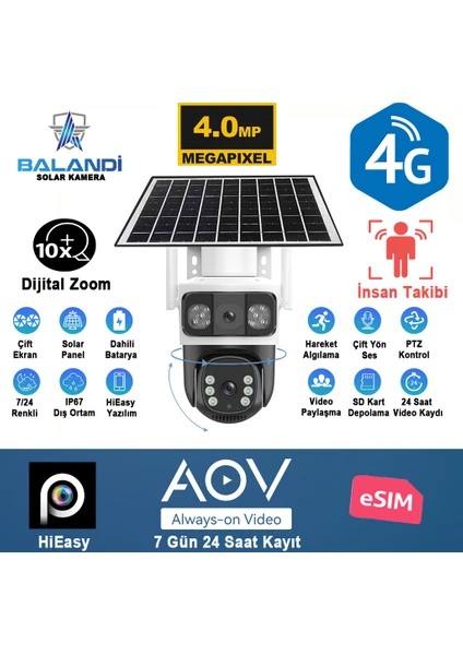 Balandi PRO-8200GIP 4MP AOV E-Sim 4G Solar Smart Kamera