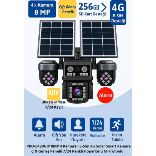 BALANDI PRO-8420GIP 8MP 4 Kameralı 4G AOV ESIM Solar Kamera, HIEASY Yazılım